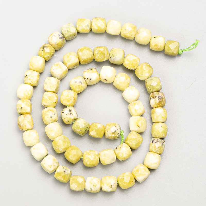 Yellow Jadeite Beads – Faceted Cube, Natural Stone, on a Thread, 6.5 mm Diameter, 39 cm Length