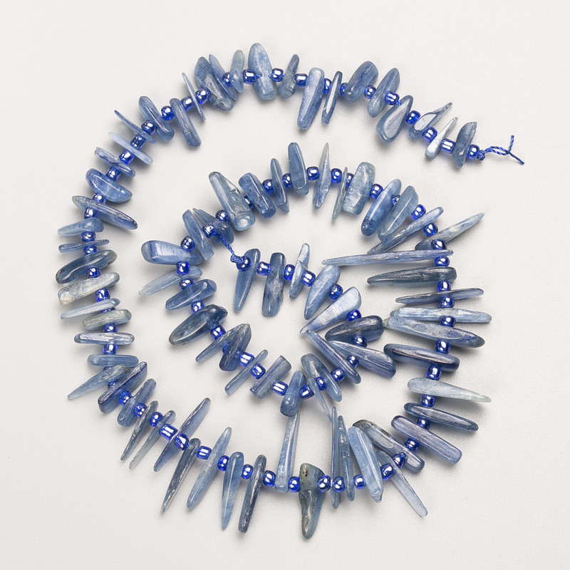 Kianite Beads, Natural Stone Nugget 'Needle' on Thread, diameter 28x2–10x2 mm, length 40 cm ±, with seed beads, diameter 3 mm