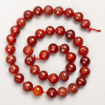 Carnelian Beads, Natural Stone, Faceted Round Beads on Thread, 10 mm Diameter, 38 cm Length