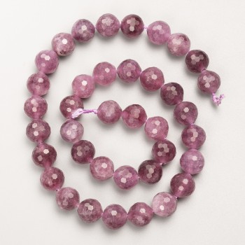Rubellite Tourmaline Beads — Natural Gemstone Faceted Spheres on Thread, Diameter 10 mm ±, Length 38 cm ±