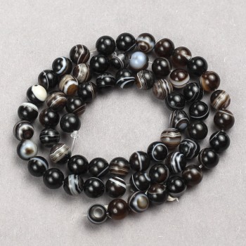 Beads of Dark Brown Agate — Smooth Bead on Beading Thread, Diameter About 6 mm, Length About 38 cm