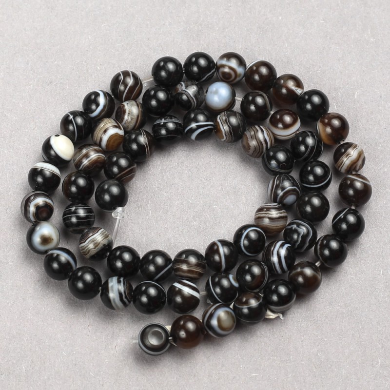 Beads of Dark Brown Agate — Smooth Bead on Beading Thread, Diameter About 6 mm, Length About 38 cm