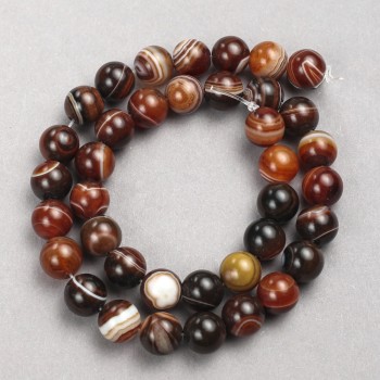 Brown Agate Beads - Smooth Round Beads on Beading Thread, 12 mm diameter, 38 cm length