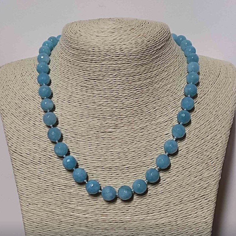 Aquamarine Necklace with Natural Stone Beads, Faceted Beads, 10mm Diameter, 49cm Length