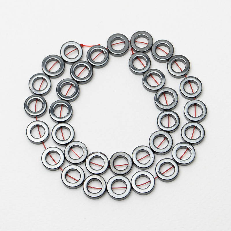 Hematite Beads Wheel Shape, diameter 12×3.5 mm ±, diameter 7 mm, length 35 cm ± on thread