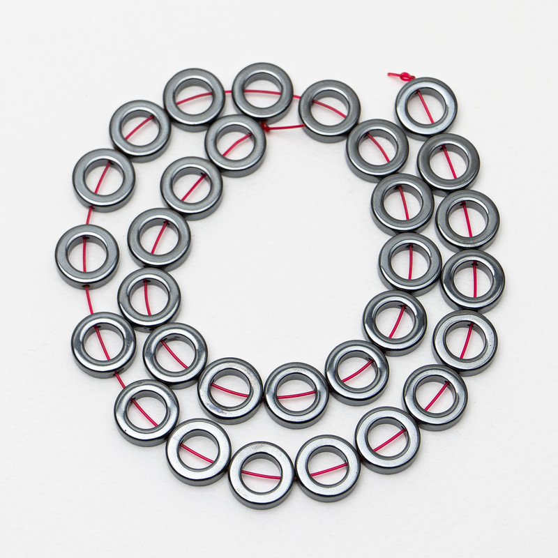 Hematite wheel beads, 14x4 mm diameter ±, on thread; 8 mm diameter, 41 cm length ± on thread