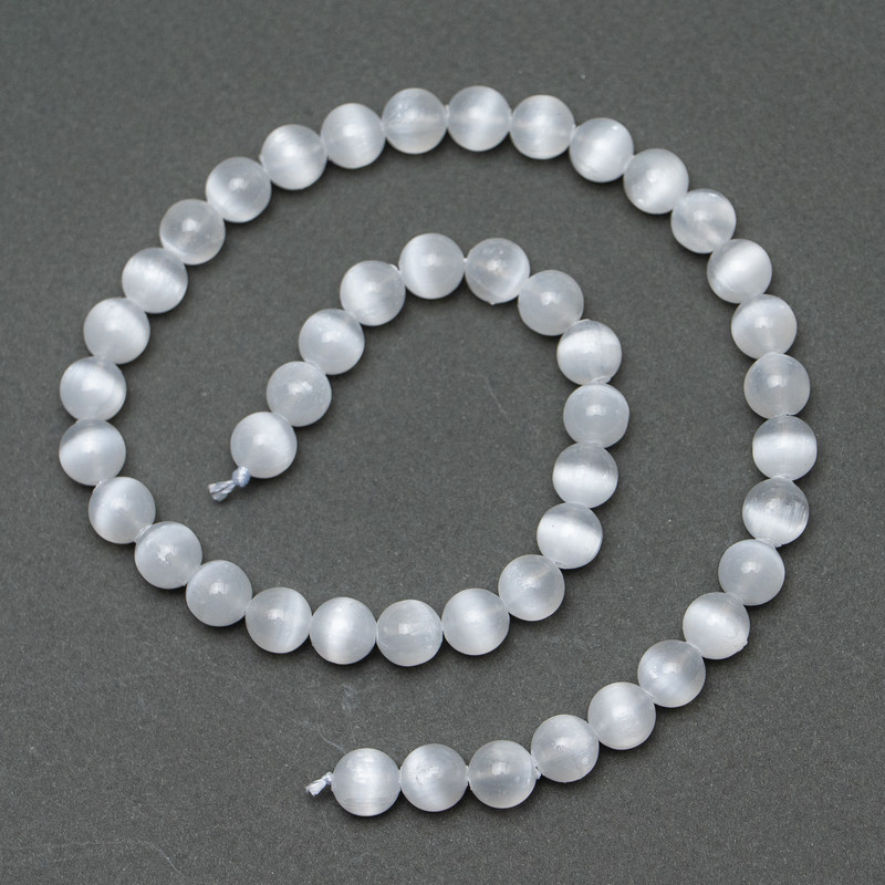 Cat's Eye Beads, White, Smooth Round Bead, 8.5 mm Diameter ±, Length 38 cm ± on Thread