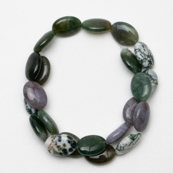 Moss Agate Beads, natural stone, oval, 13×18×6 mm, 40 cm length on thread