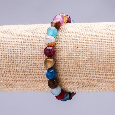 Multicolored agate bracelet with natural agate beads, faceted beads, 8 mm diameter, 18 cm length (stretch)