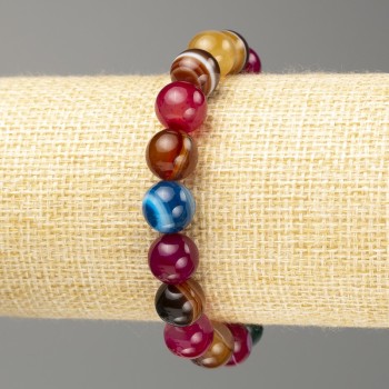 Agate multicolor bracelet, natural stone, smooth beads, diameter 10(±)mm, length 18 cm (stretch)