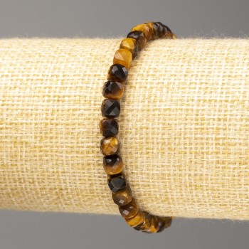 Tiger's Eye Bracelet, Natural Stone, Faceted Cube 5×5 mm, Length 18 cm (Stretch)