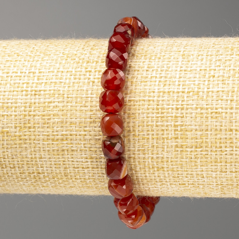Bracelet with Carnelian natural stone, faceted cube beads, diameter 7 mm, length 18 cm (stretch)
