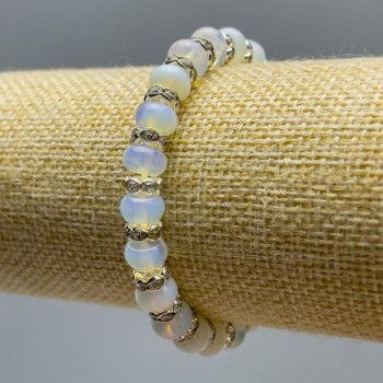 Moonstone Bracelet (synthetic) smooth rondelle beads, diameter 8x5 mm, length 18 cm (stretch), with white rhinestones