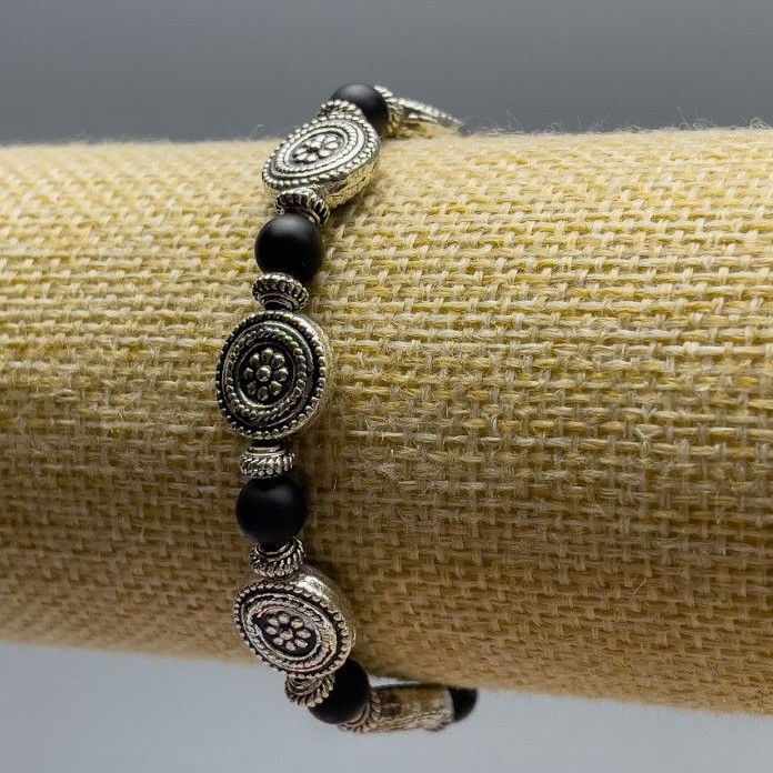 Matte Shungite Bracelet (Imitation) Smooth Bead, 6 mm diameter, 18 cm length (stretch) with silver inserts, 11×4 mm diameter