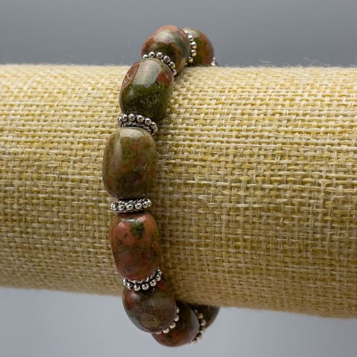 Heliotrope Jasper Bracelet, Natural Stone, Bead Size 10×14 mm, Length 18 cm (Stretch), Barrel Beads, with Silver Inserts