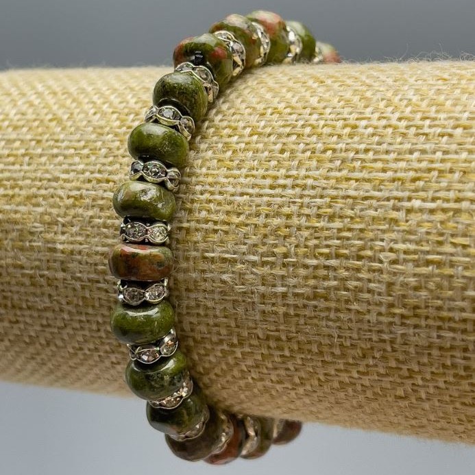 Jasper Heliotrope Bracelet - Natural Stone, Smooth Rondels, 8×5 mm diameter, 18 cm length (stretch) with White Rhinestones