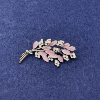 Twig Brooch with Pink Cat's Eye, White Crystals, Silver Metal, Diameter 50x27 mm+