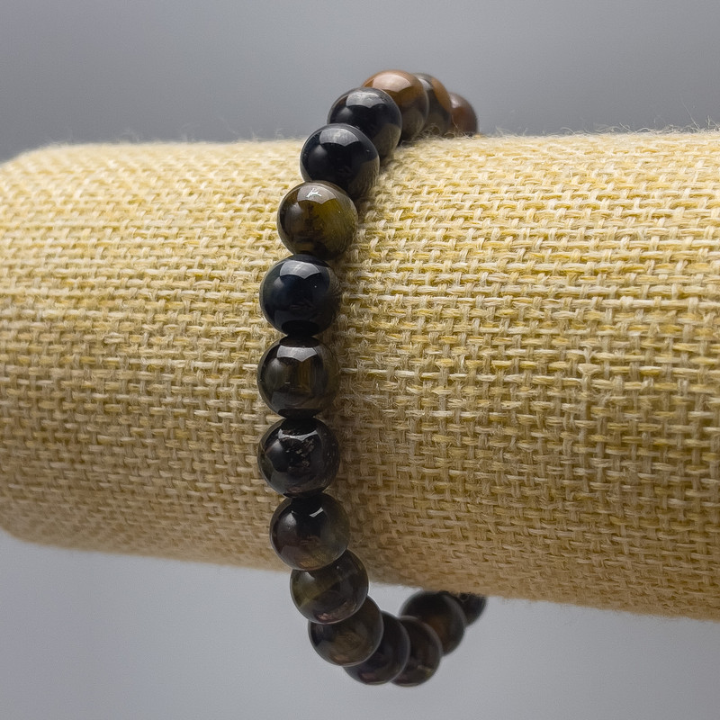 Bracelet of Tiger's Eye and Hawk's Eye natural stone smooth beads, diameter 8 mm, length 18 cm (stretch)
