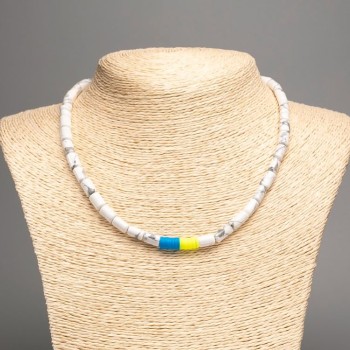 Necklace 'Ukraine' Chalcedony natural stone cylinders, diameter about 10×6 mm ± and polymer clay, length about 46 cm ± (stretch)