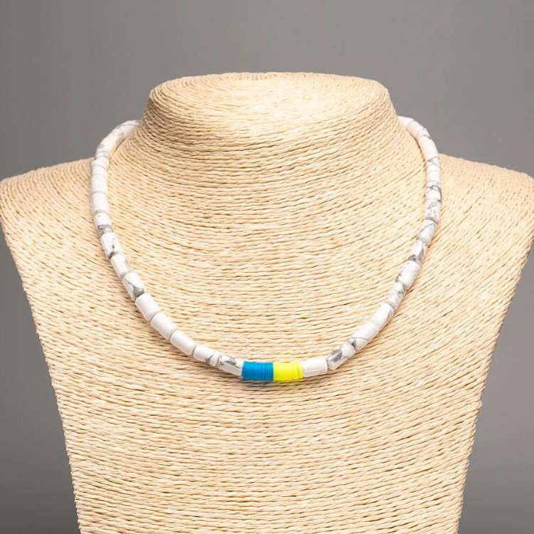 Necklace 'Ukraine' Chalcedony natural stone cylinders, diameter about 10×6 mm ± and polymer clay, length about 46 cm ± (stretch)