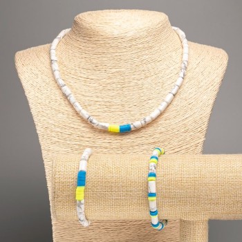 Set 'Ukraine' Howlite natural stone cylinders, diameter 10×6 mm ±, and polymer clay, necklace length 46 cm ±, bracelet length 18 cm (stretch)