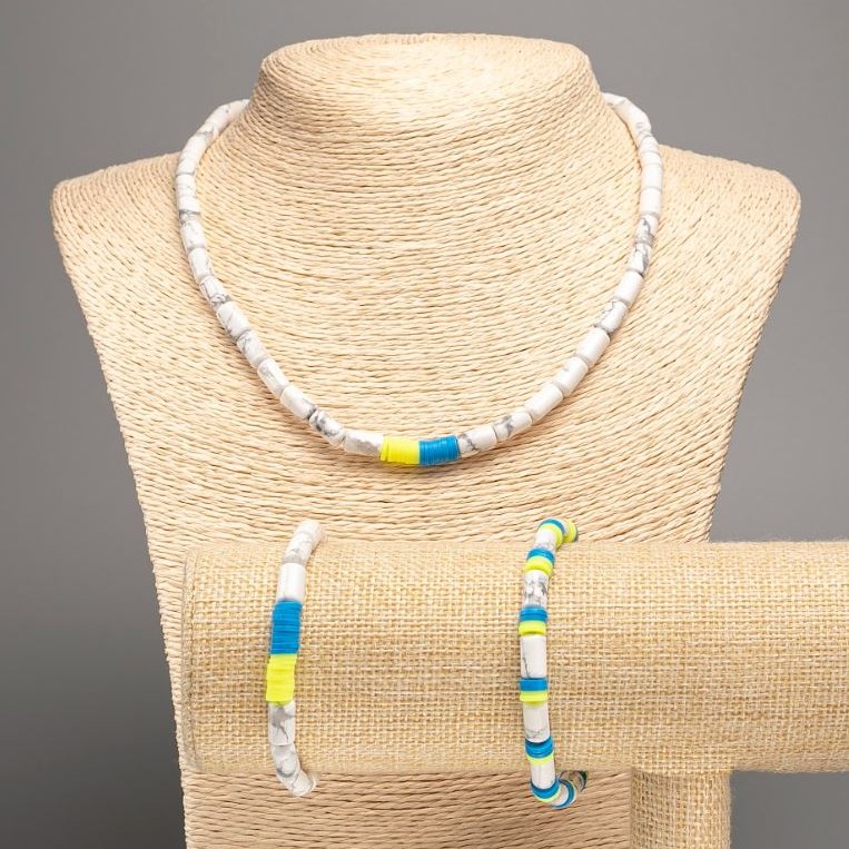 Set 'Ukraine' Howlite natural stone cylinders, diameter 10×6 mm ±, and polymer clay, necklace length 46 cm ±, bracelet length 18 cm (stretch)