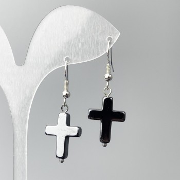 Hematite Cross Earrings, 14x19 mm, 39 mm length