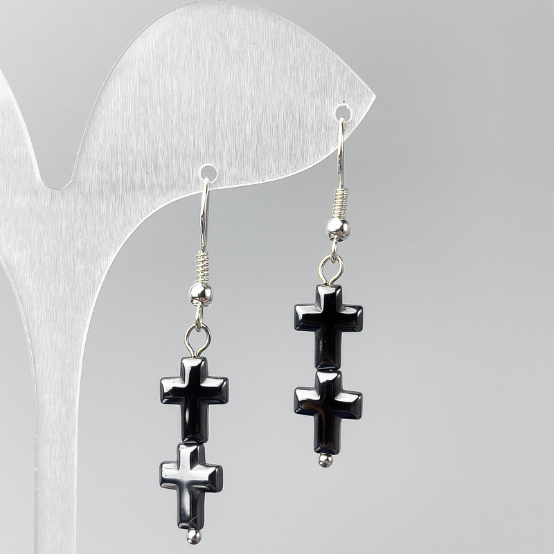 Earrings Hematite Cross, diameter 8 mm, 5×23 mm ±, length 44 mm