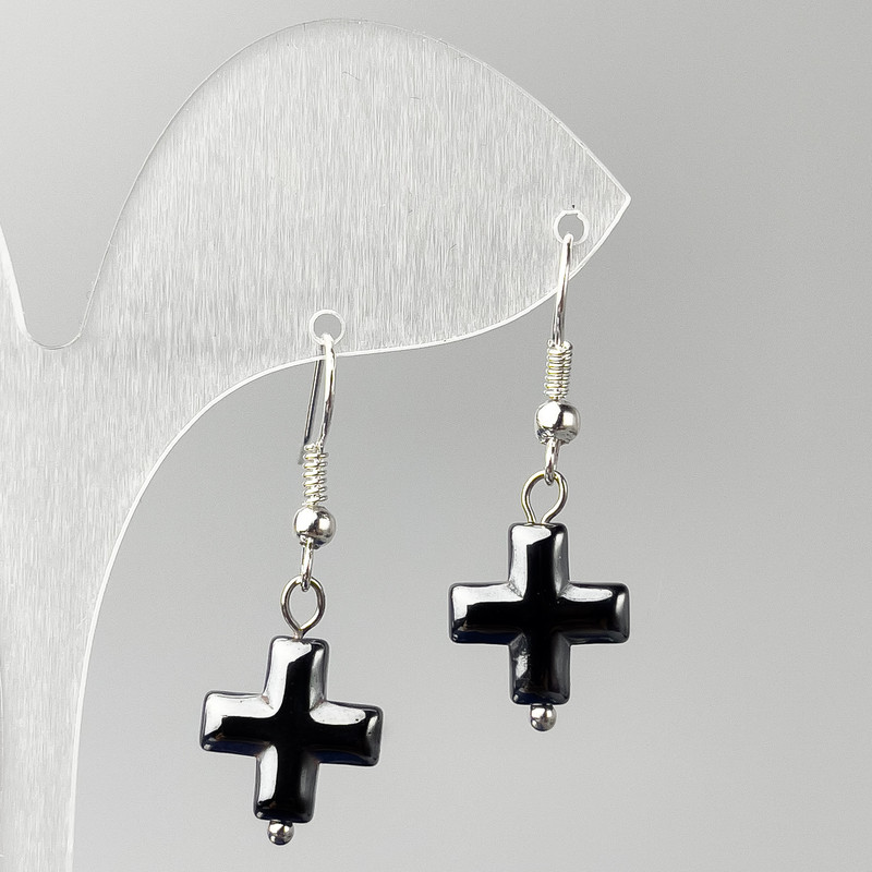 Hematite Cross Earrings, diameter 12 mm, length 38 mm
