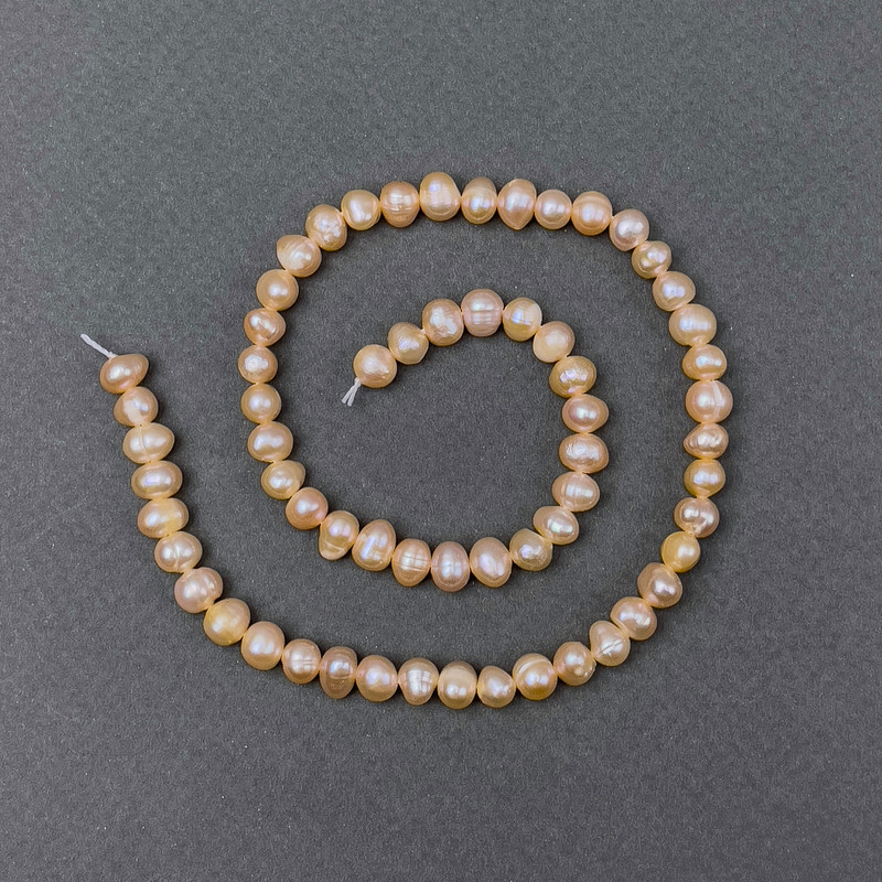Peach Freshwater Pearls on Thread, Diameter 6–7 mm, Length 34 cm
