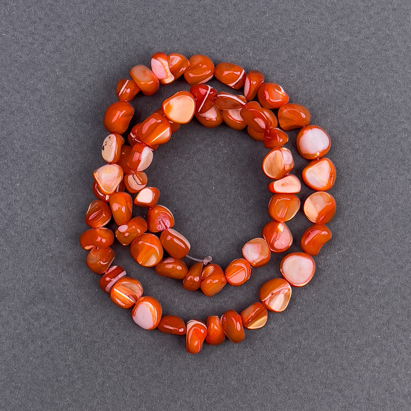Beads of tinted orange mother-of-pearl, lentil-shaped, 8x6 mm, length about 41 cm on thread