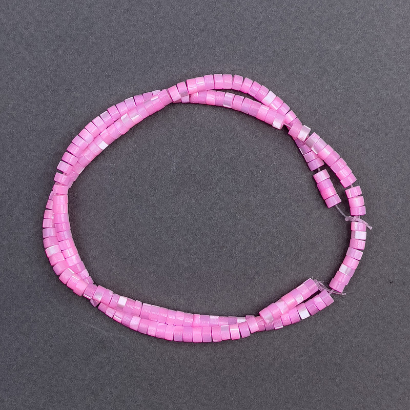 Beads tinted pink mother-of-pearl disc, 4x2 mm, length about 40 cm on thread