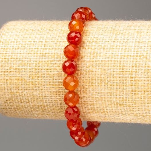 Carnelian Bracelet, Natural Stone, Faceted Bead, Diameter 8 mm, Length 18 cm (Stretch)