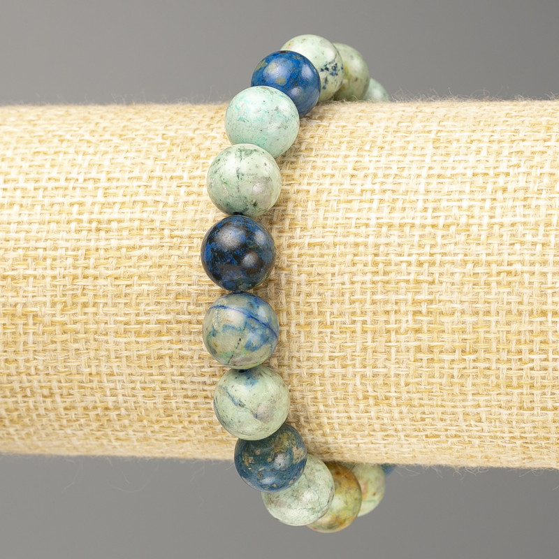 Chrysocolla and Lazurite Bracelet, smooth bead, natural stone, 10 mm diameter ±, 18 cm length (stretch)