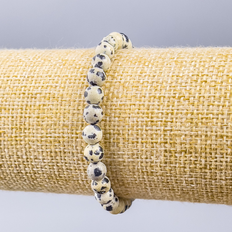 Bracelet Dalmatian Jasper (imitation acrylic) smooth beads, diameter 6 mm, length 18 cm (stretch)