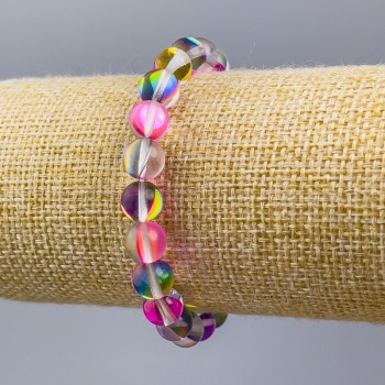 Bracelet with opal glass in assorted colors, smooth beads, 8 mm diameter, 18 cm length (stretch)