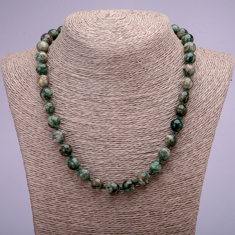 Necklace of natural fuchsite (muscovite) smooth beads, diameter 10(±)mm, length 45cm+