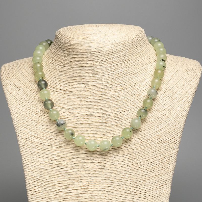 Prehnite natural stone necklace, smooth round beads, 10 mm diameter, 50 cm length