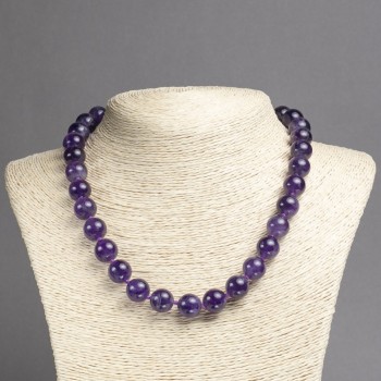 Amethyst natural stone necklace with smooth beads, 12 mm diameter ±, 45 cm length ±