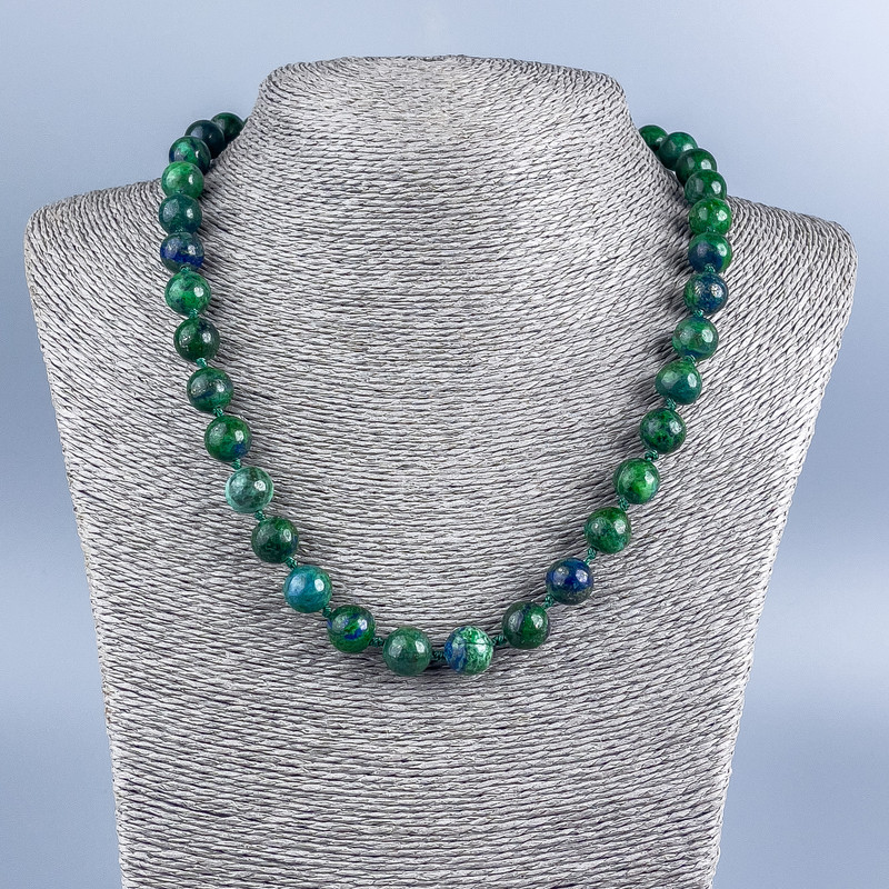 Azurite natural gemstone necklace with a smooth bead, 10 mm diameter, 48 cm length +