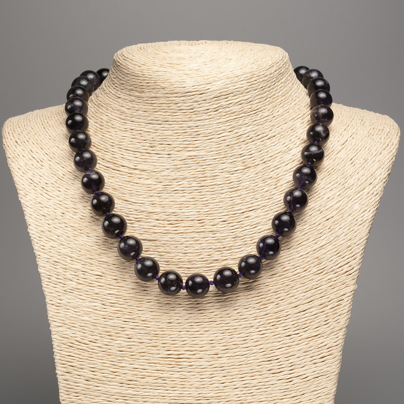 Natural Amethyst Necklace with Smooth Beads, 12 mm Diameter, 48 cm Length