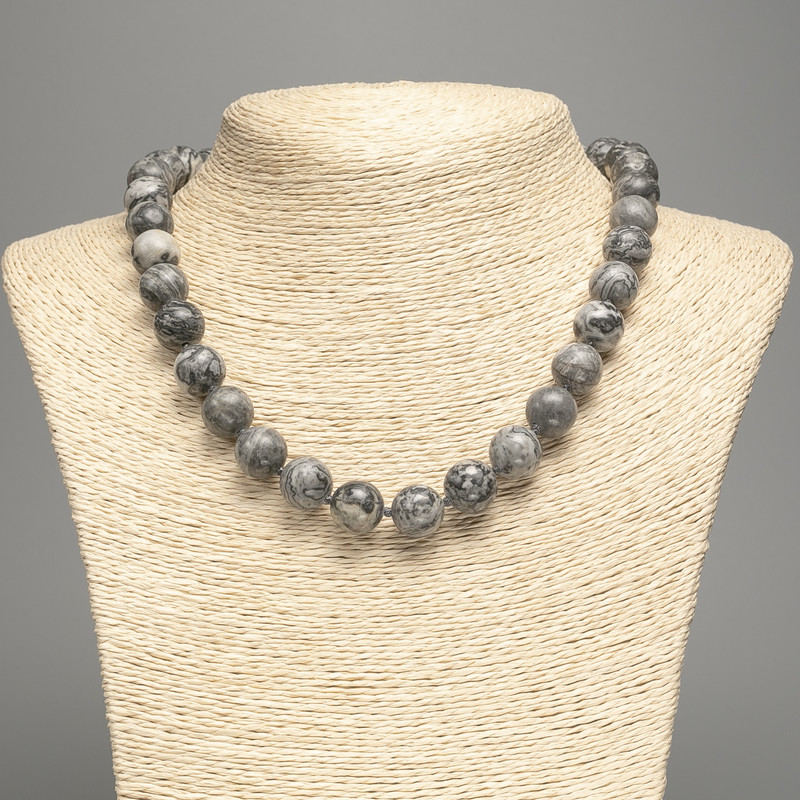 Necklace Ocean Jasper Gray (imitation acrylic) smooth beads, 12 mm diameter, 48 cm length +