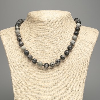Necklace Gray Picasso Jasper, acrylic imitation, smooth bead, 10mm diameter, 48cm length