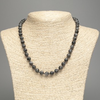 Necklace in imitation Labradorite, black (acrylic) smooth beads, diameter 8 mm ±, length 49 cm ±
