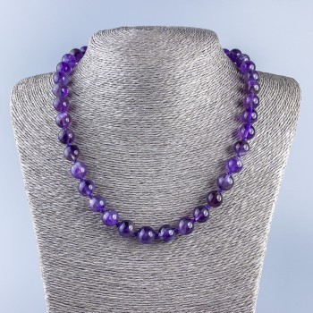 Beaded Necklace of Natural Amethyst with Smooth Beads, 10.5 mm Diameter, 48 cm Length