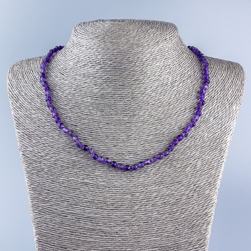 Natural Stone Necklace: Amethyst Faceted Cube, 4x4 mm Diameter, 50 cm Length +/-