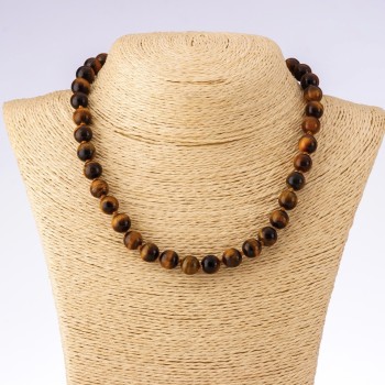 Tiger's Eye natural stone necklace - smooth beads, 45 cm length, 10 mm diameter