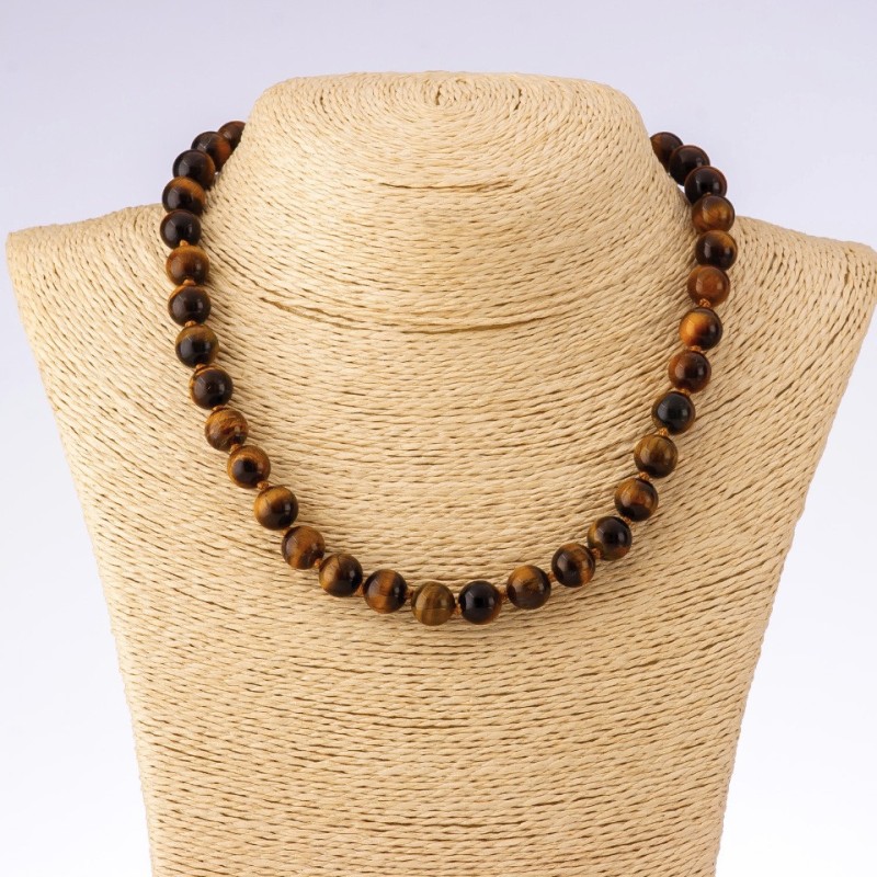 Tiger's Eye natural stone necklace - smooth beads, 45 cm length, 10 mm diameter