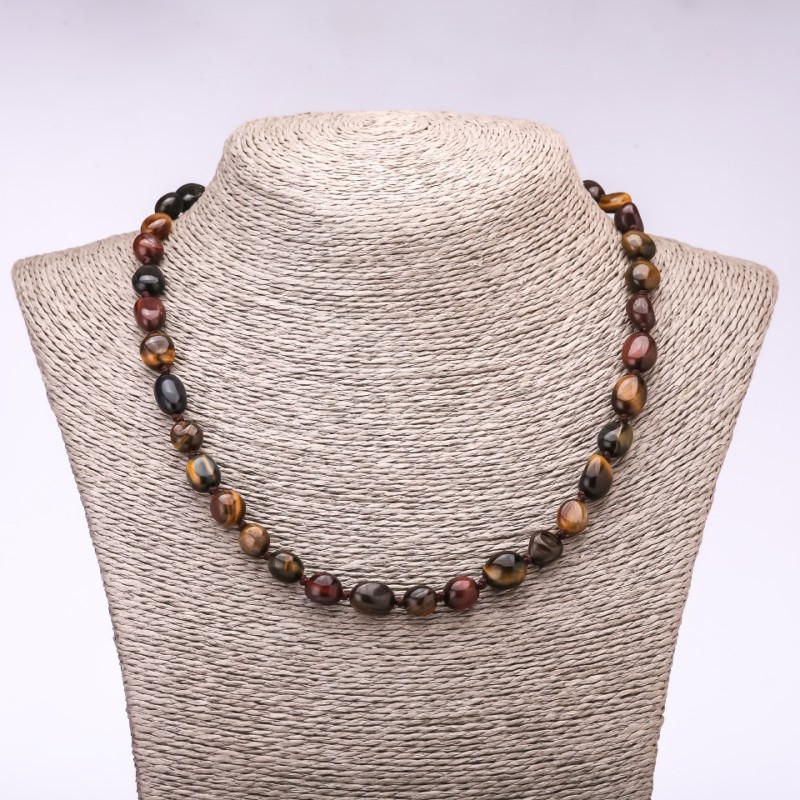 Necklace of Tiger's Eye, Bull's Eye, Hawk's Eye with Texturing, bead diameter 7-10mm, length 46cm