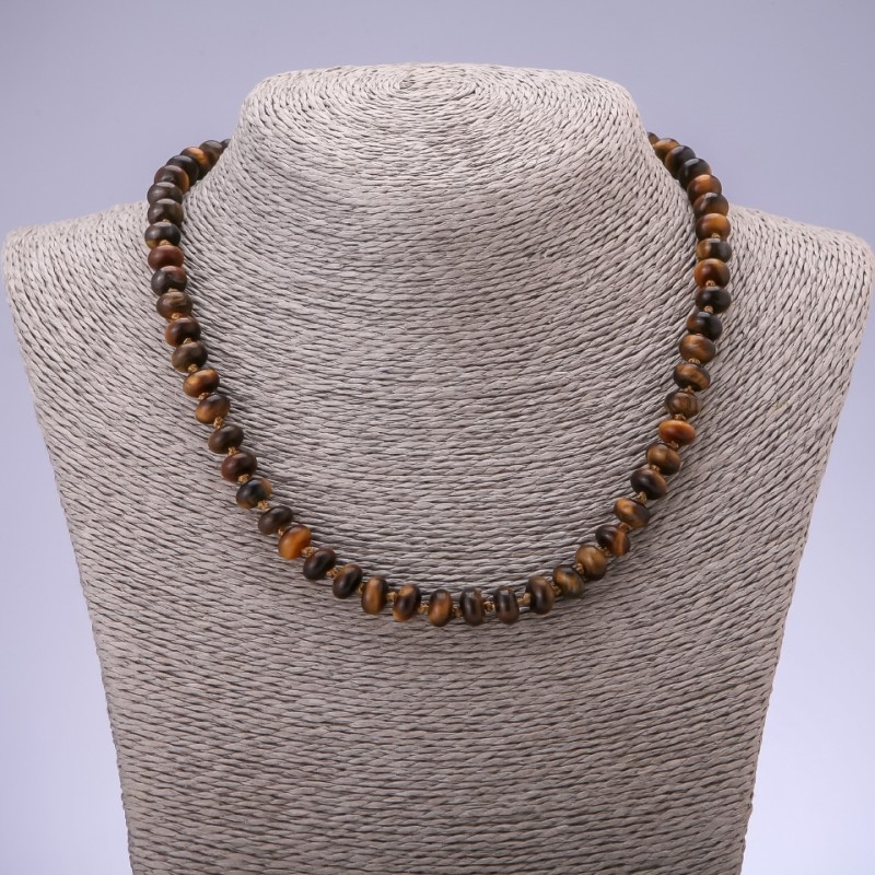 Necklace with natural tiger's eye stone, smooth rondel, 8×5 mm diameter, 45 cm long